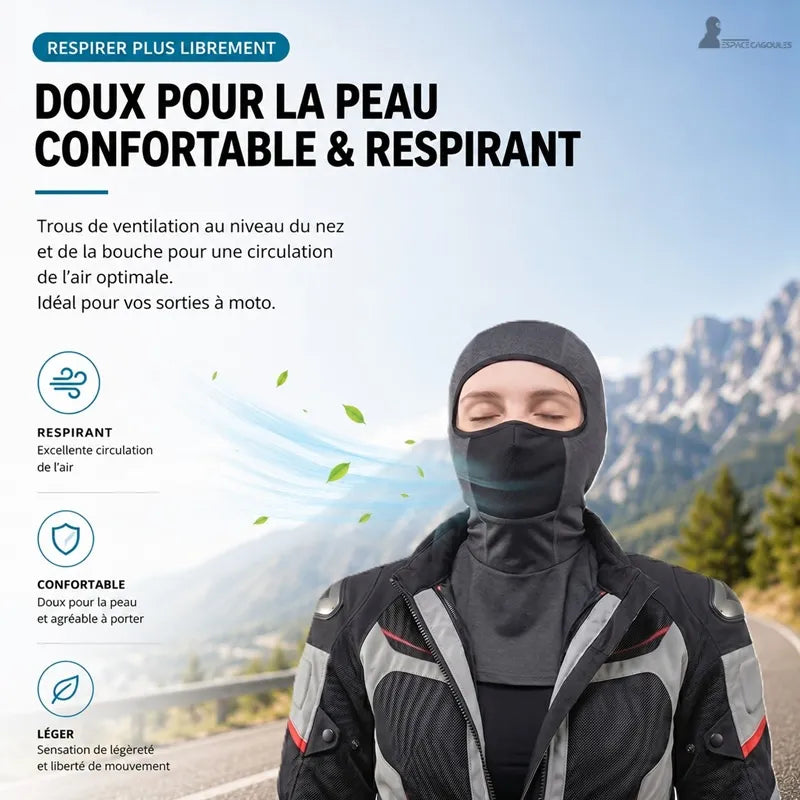 SunDrap portée par motarde en veste moto grise sur route de montagne — trous ventilation nez bouche circulation air optimale — Espace Cagoules