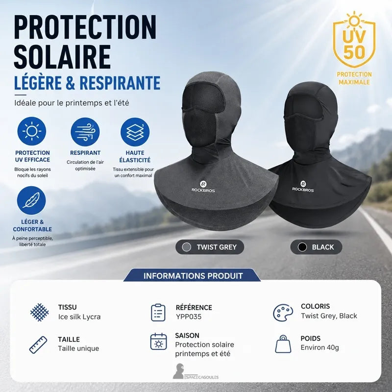 SunDrap cagoule moto été femme plastron 360° — fiche technique soie glacée lycra UV50 taille unique 40g coloris noir et gris chiné — Espace Cagoules