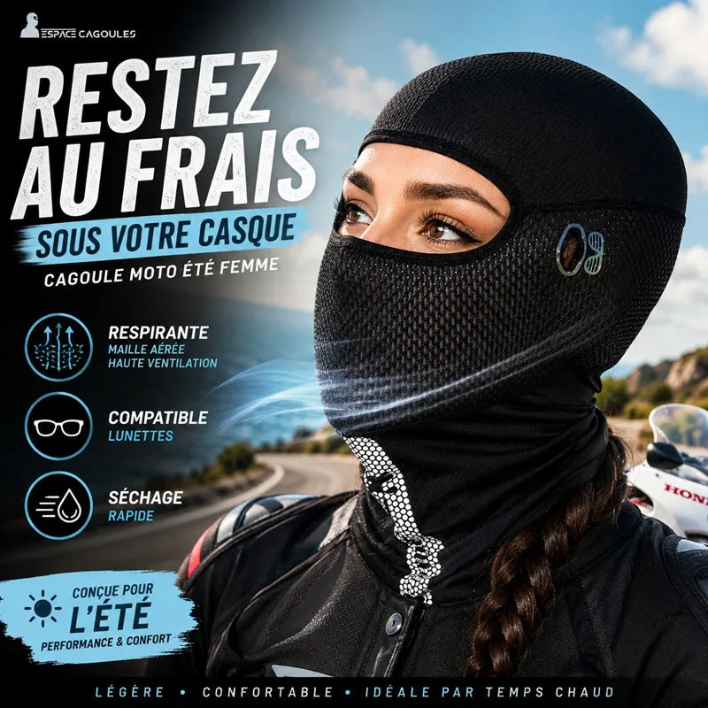 Motarde portant la cagoule moto été femme Solara noire — respirante compatible lunettes séchage rapide — Espace Cagoules