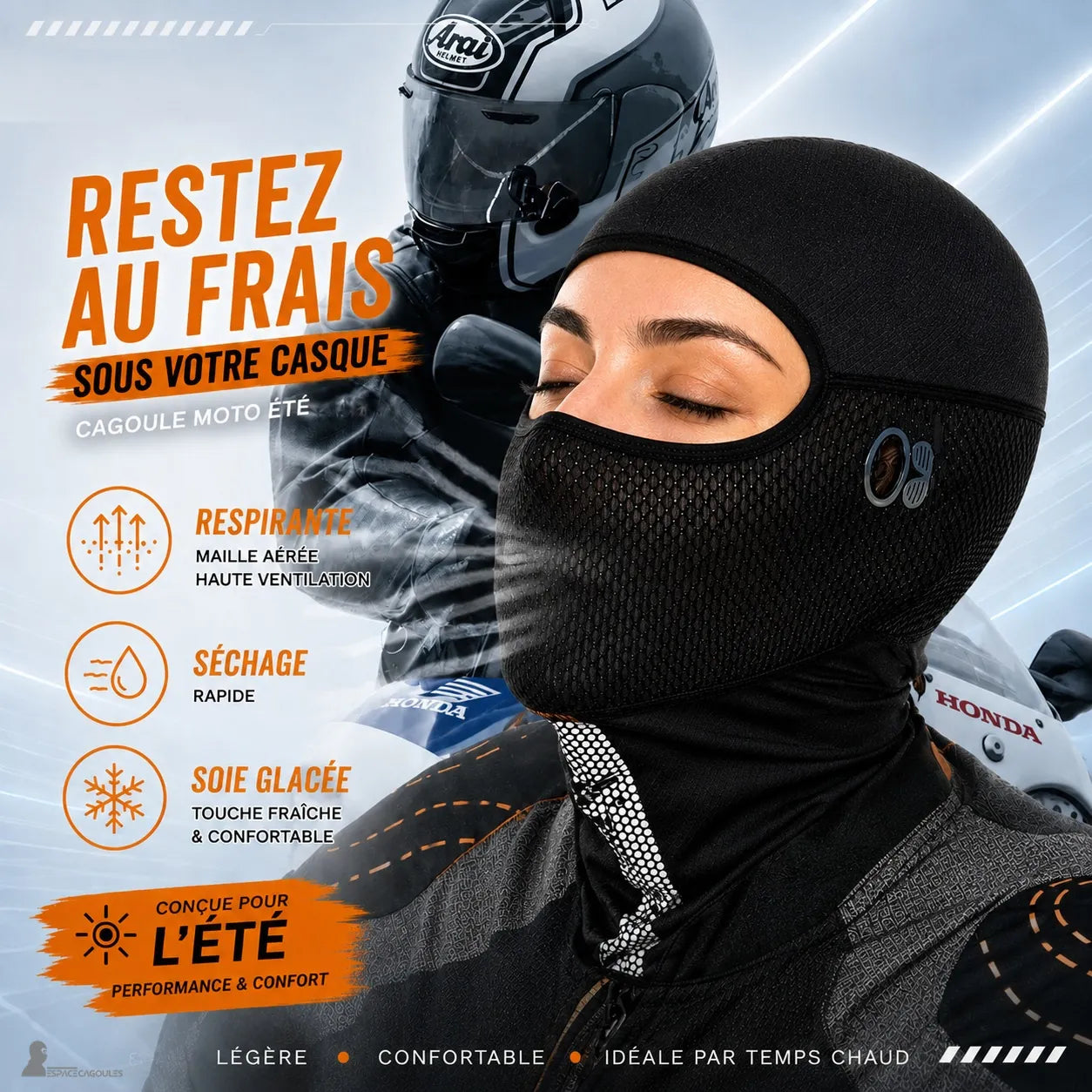 Kominiarka motocyklowa letnia dla kobiet z jedwabiu lodowego UPF50 czarna noszona przez motocyklistkę, aby pozostać w chłodzie pod kaskiem - Espace Cagoules