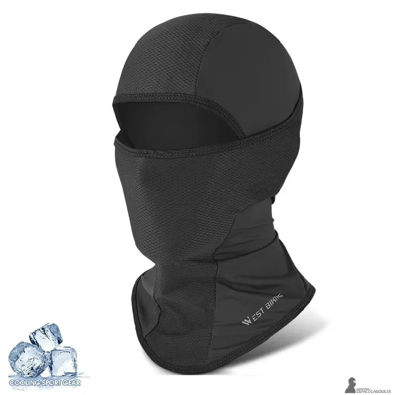 Cagoule moto été homme noire vue de face montrant la zone respirante du visage et la forme couvrant tête et cou - Espace Cagoules