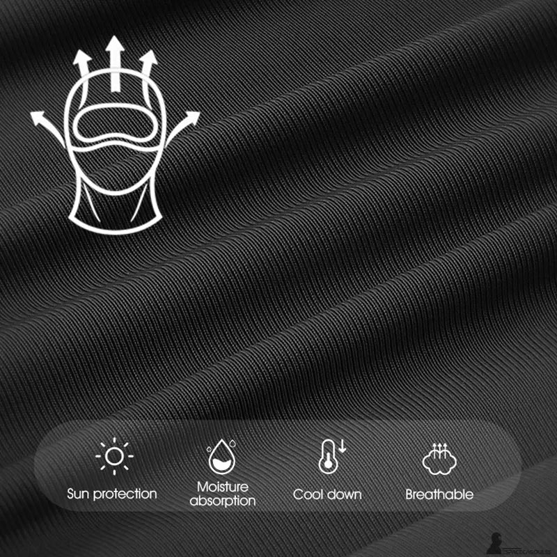 Cagoule moto été homme détail du tissu technique texturé avec pictogrammes indiquant protection solaire, absorption de l’humidité et respirabilité - Espace Cagoules