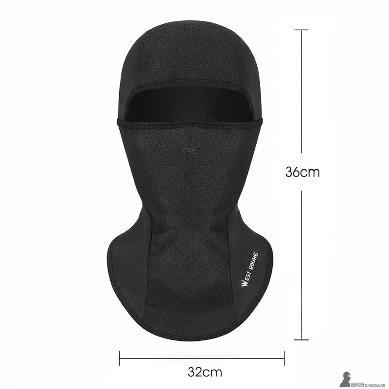 Cagoule moto été homme vue de face avec indication des dimensions 36 cm de hauteur et 32 cm de largeur - Espace Cagoules