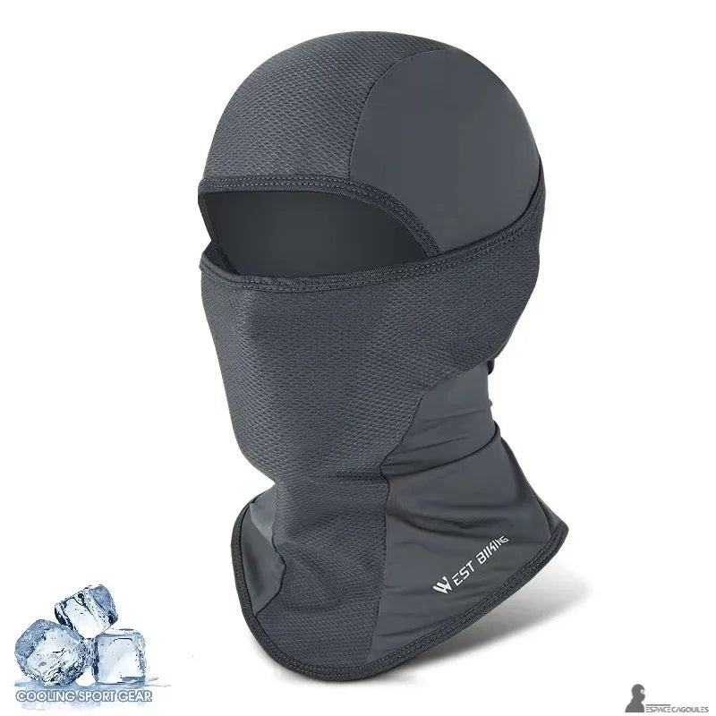 Cagoule moto été homme couleur gris foncé vue de face avec tissu respirant et protection du cou - Espace Cagoules
