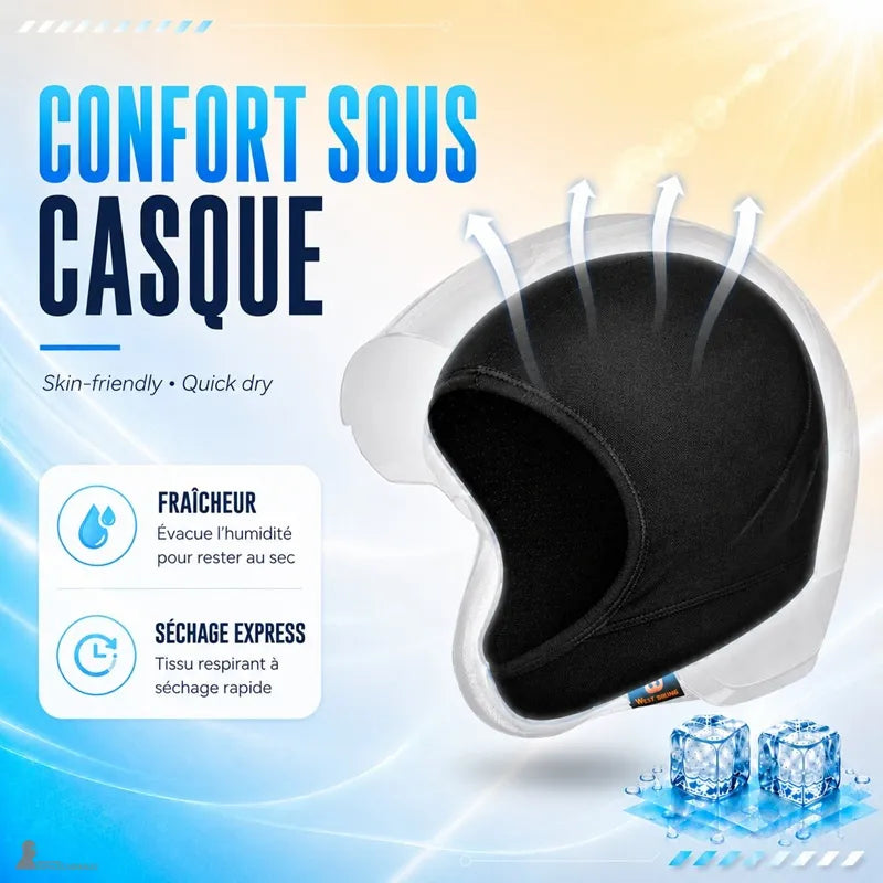 Cagoule moto été minimaliste noire portée sous un casque pour un confort à séchage rapide - Espace Cagoules