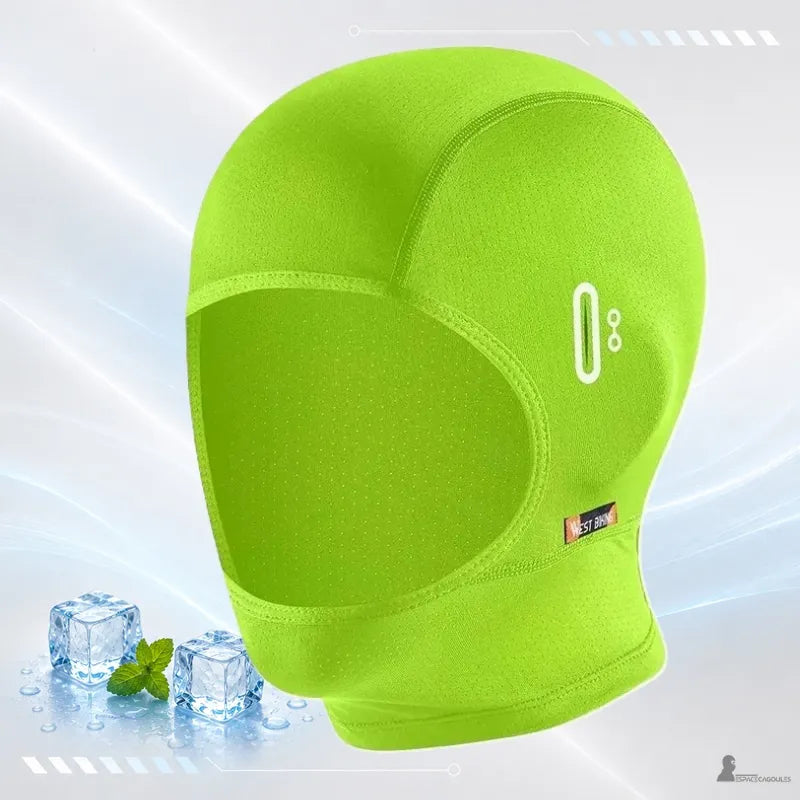 Cagoule moto été minimaliste vert fluo à col court, vue de trois quarts avec passage lunettes - Espace Cagoules