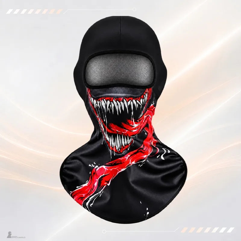 Cagoule moto fun Alien noire avec imprimé de mâchoire à crocs blancs et traînées rouges sur le plastron - Espace Cagoules