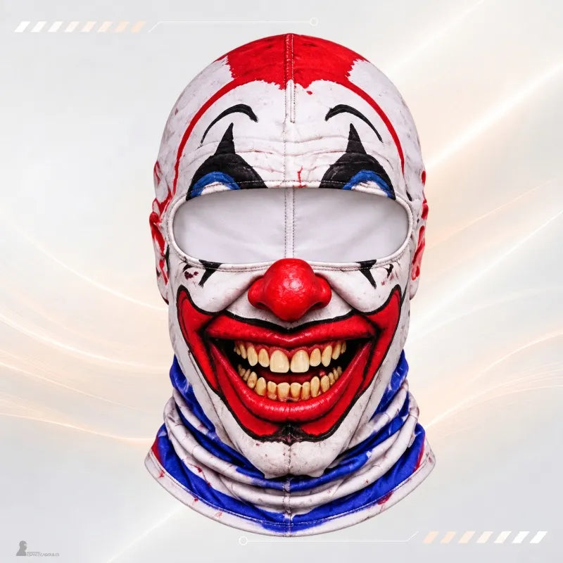 Cagoule moto fun Bozo : visage de clown au nez rouge et grand sourire, col rayé bleu - Espace Cagoules