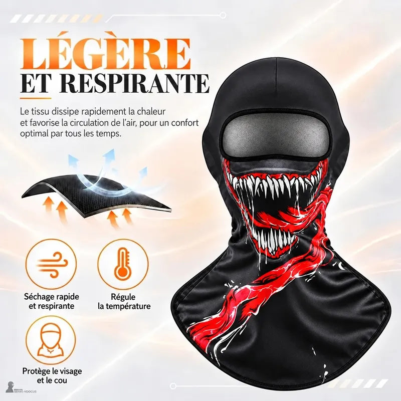 Schéma du tissu en soie glacée de la cagoule moto Alien montrant la circulation de l'air et l'évacuation de la chaleur - Espace Cagoules
