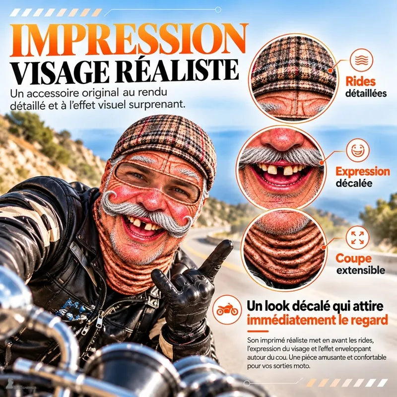 Motard souriant en cagoule moto humoristique Marcel, avec zooms sur les rides, le sourire édenté et le col extensible - Espace Cagoules