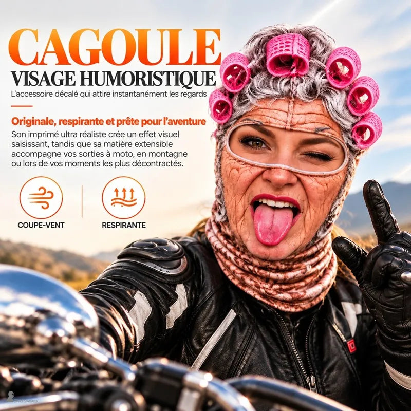 Motarde en blouson cuir faisant un clin d'œil, portant la cagoule moto fun Ginette à visage de mamie aux bigoudis - Espace Cagoules