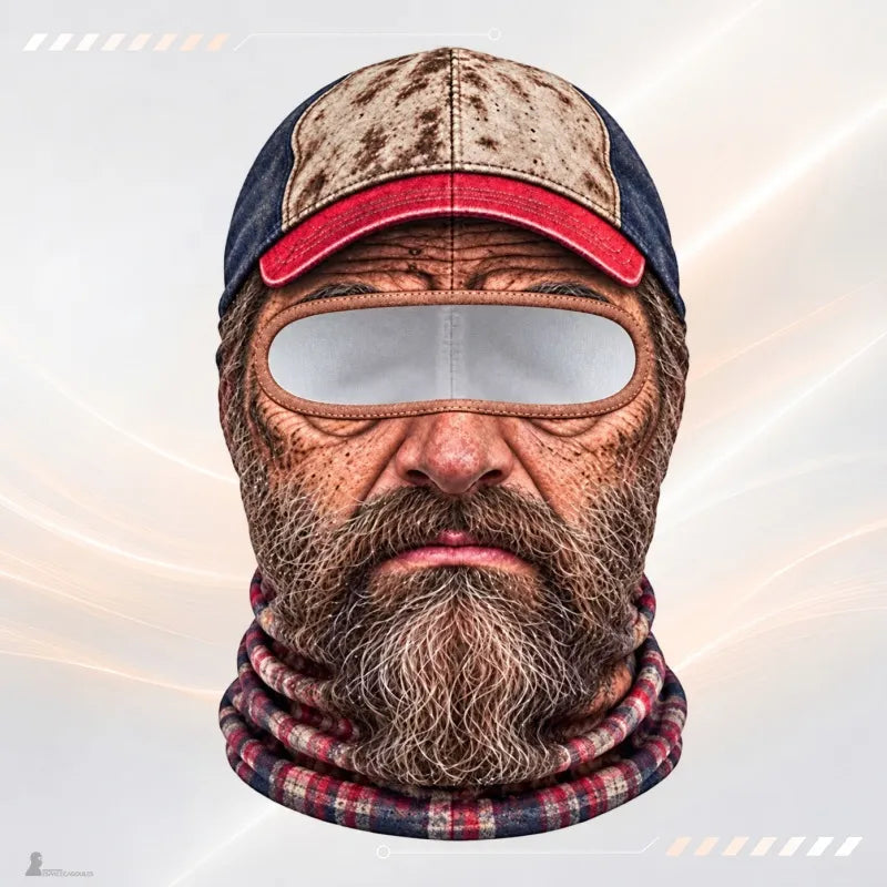 Cagoule moto fun Gérard : visage barbu à casquette trucker et col imprimé à carreaux - Espace Cagoules