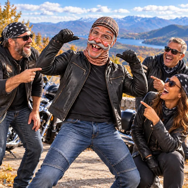 Groupe de motards hilares pointant du doigt leur ami en cagoule moto fun Marcel à casquette tweed - Espace Cagoules