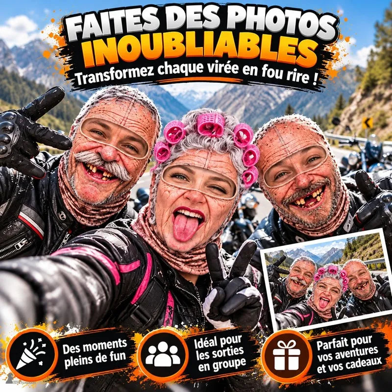 Trois motards en selfie sur une route de montagne, portant les cagoules moto fun à visages de papys et de mamie - Espace Cagoules