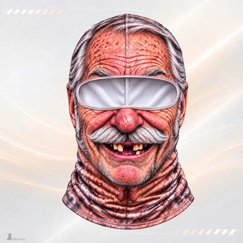 Cagoule moto fun Roger : papy moustachu aux cheveux gris et au sourire édenté - Espace Cagoules