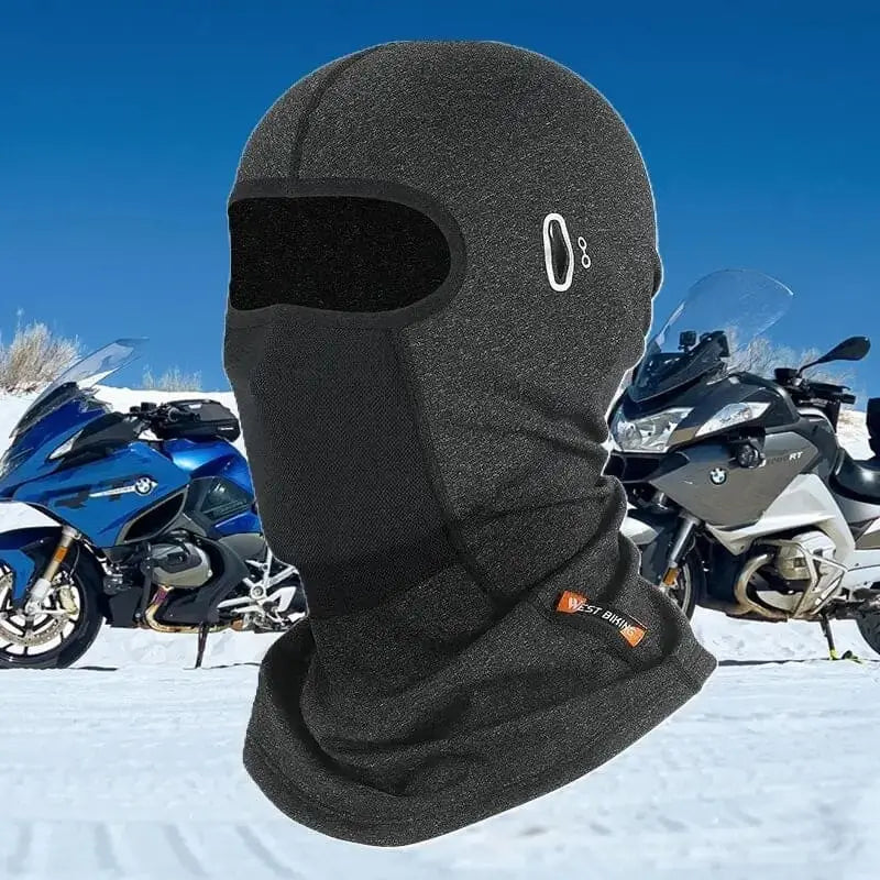 Cagoule moto hiver grise avec ouverture 1 trou pour les yeux, design thermique et protection contre le froid, idéale pour les motards en conditions hivernales.