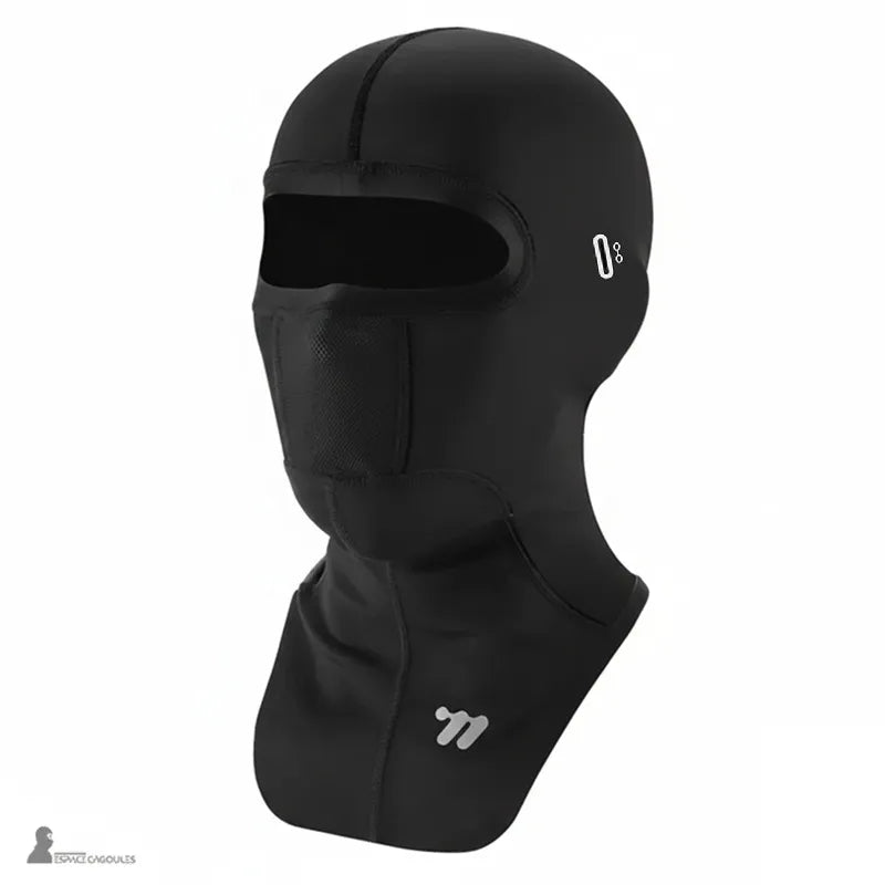 Cagoule moto hiver à plastron noire en textile technique avec doublure polaire, forme intégrale couvrante, vue de profil sur fond blanc - Espace Cagoules