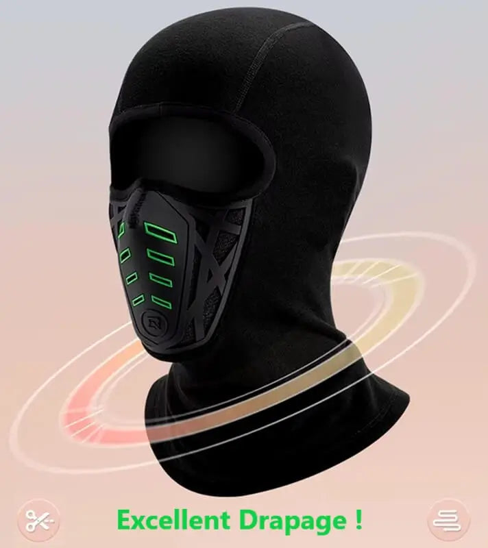 Cagoule-moto-hiver-aCagoule moto hiver anti-buée avec un excellent drapage, offrant une coupe ajustée et une protection optimale grâce à un design ergonomique et des matériaux de qualité. Vue du drapage - Espace Cagoules