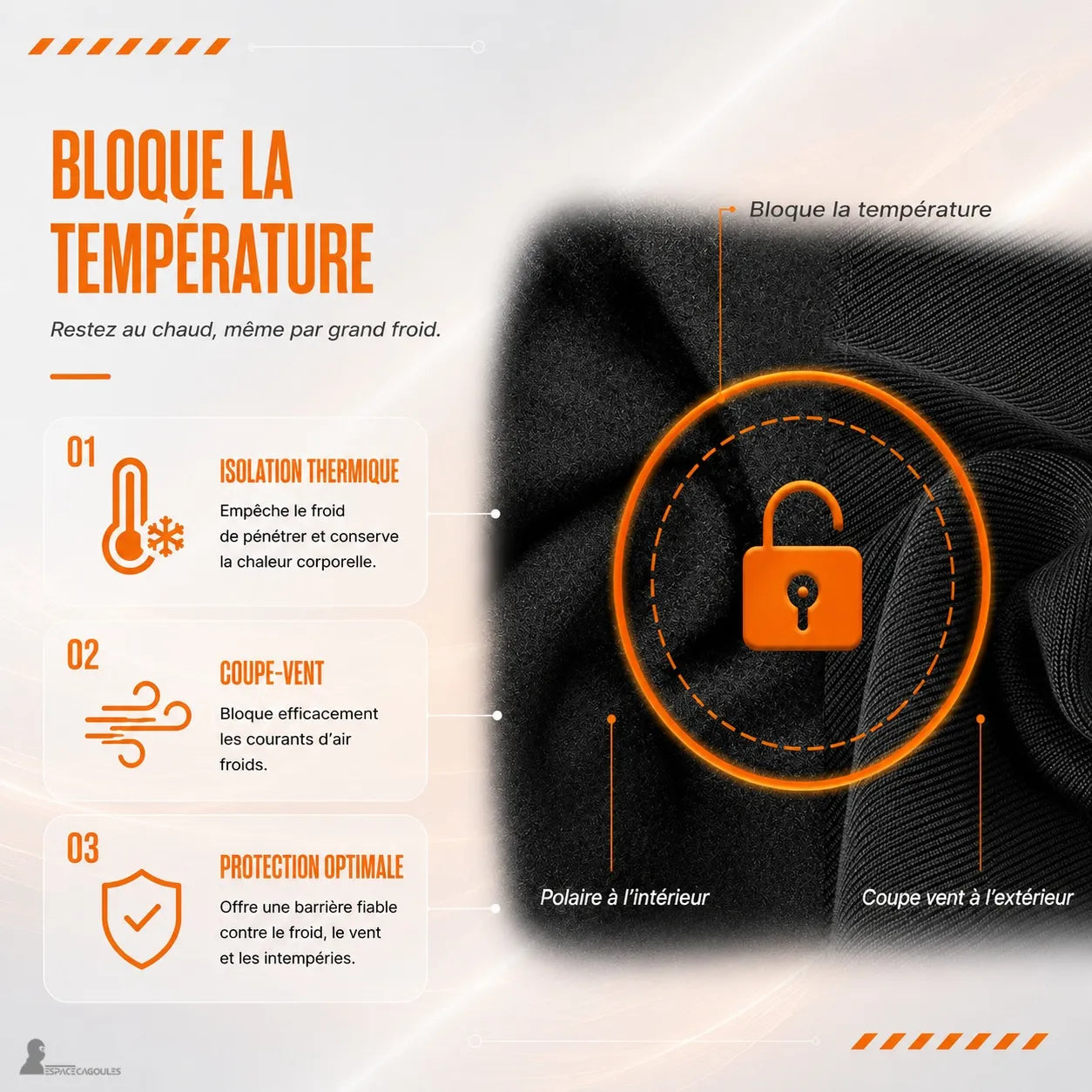 Infographie cagoule moto hiver : isolation thermique, doublure polaire intérieure et tissu coupe-vent extérieur qui bloquent le froid - Espace Cagoules