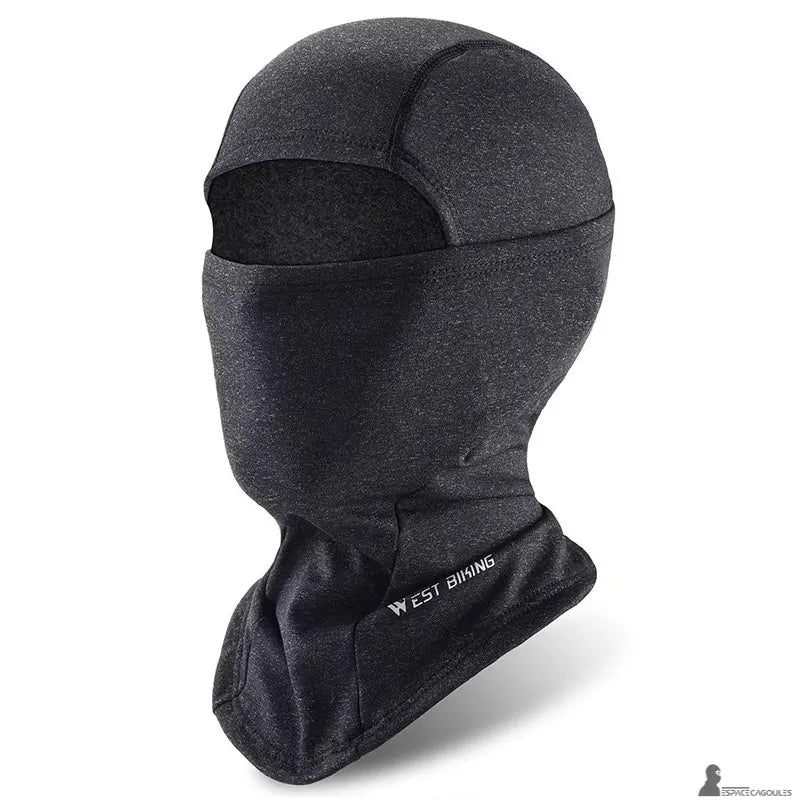 Cagoule moto hiver homme noire présentée sur mannequin studio fond clair, coupe couvrante avec ouverture yeux et protection cou allongée - Espace Cagoules
