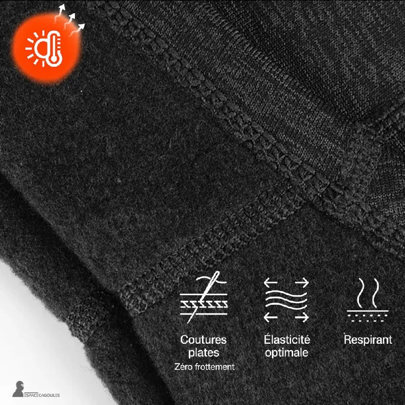 Cagoule moto hiver homme détail macro des coutures plates du tissu avec pictogrammes illustrant zéro frottement, élasticité et respirabilité - Espace Cagou