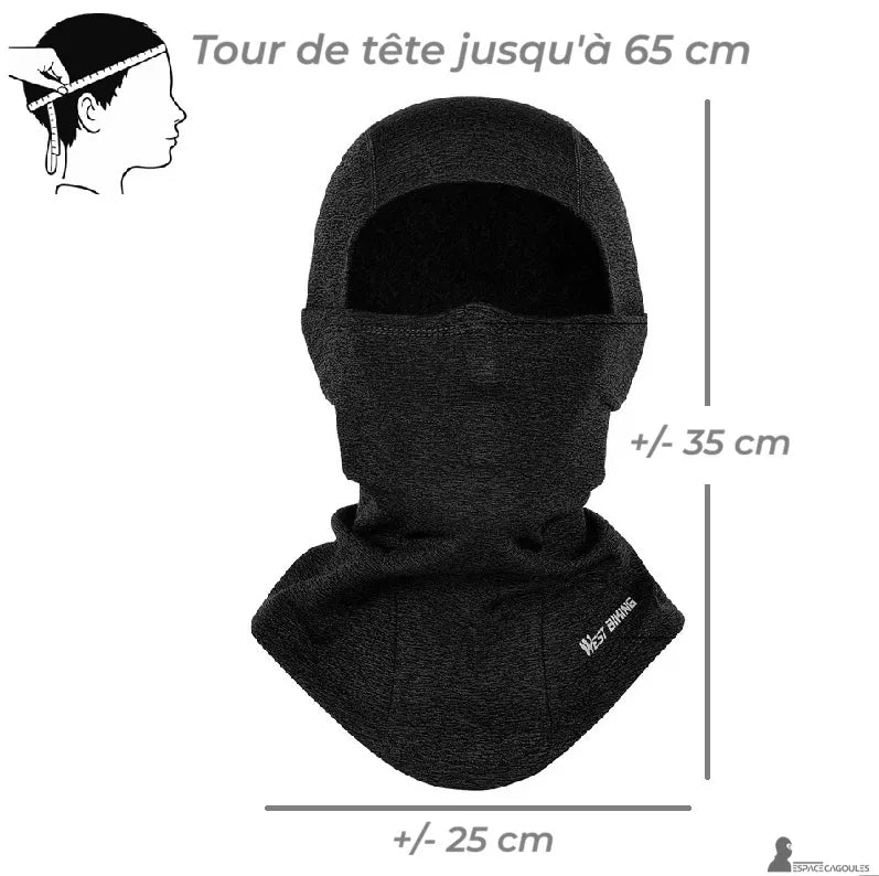Cagoule moto hiver homme vue face avec schéma indiquant les dimensions du produit et tour de tête jusqu’à 65 cm - Espace Cagoules