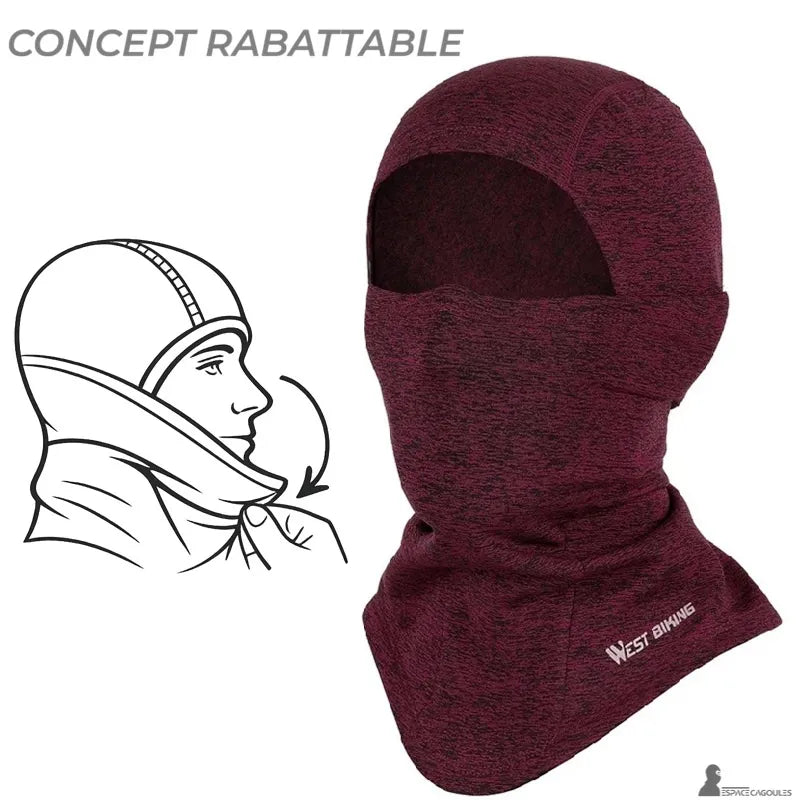 Cagoule moto hiver homme rouge chinée illustrant le concept rabattable avec schéma montrant la partie faciale abaissée sous le menton - Espace Cagoules