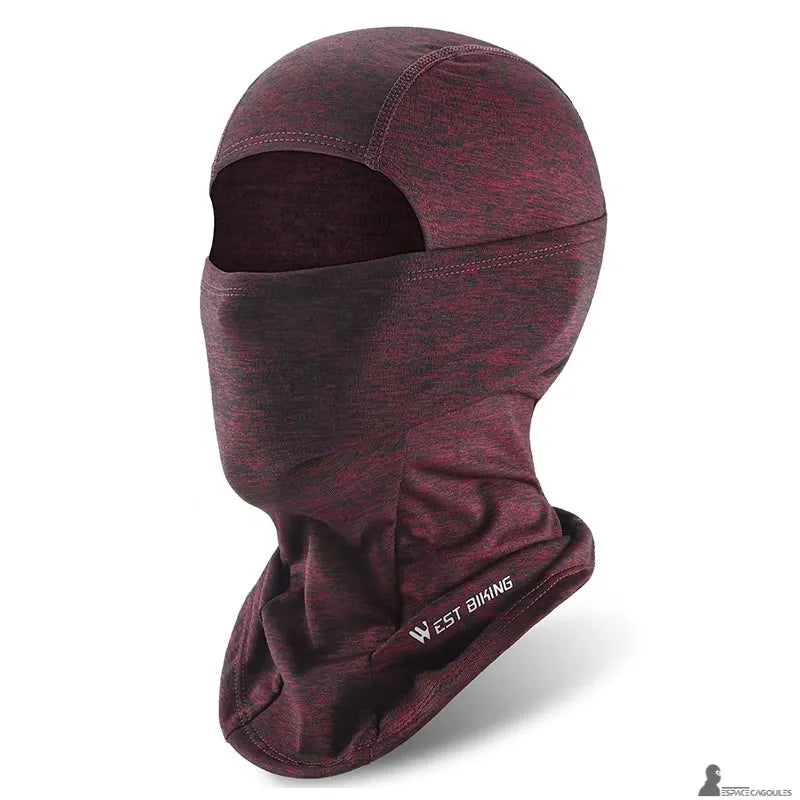 Cagoule moto hiver homme rouge chinée présentée sur mannequin studio vue trois quarts avec couture supérieure visible et protection longue du cou - Espace Cagoules