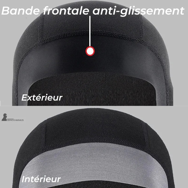 Cagoule moto hiver MaxVision détail bande frontale anti-glissement extérieure et vue intérieure contrastée, présentation face et arrière - Espace Cagoules