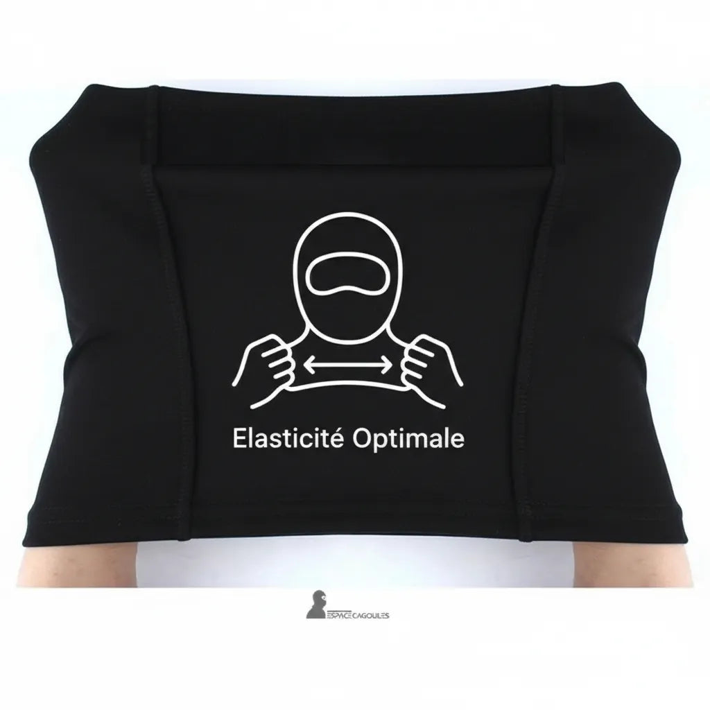 Cagoule moto hiver MaxVision démonstration élasticité optimale avec étirement horizontal du textile, vue à plat sur fond blanc - Espace Cagoules