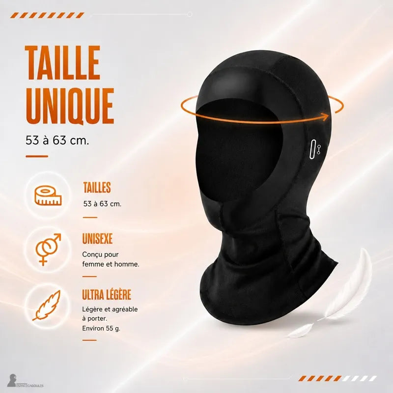 Schemat zimowej kominiarki motocyklowej FreeFace, rozmiar uniwersalny unisex, obwód głowy 53 do 63 cm, waga 55 gramów - Espace Cagoules