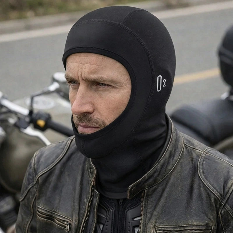 Cagoule moto hiver MaxVision portée par un motard en veste noire et rouge en environnement urbain hivernal, vue portrait face - Espace Cagoules