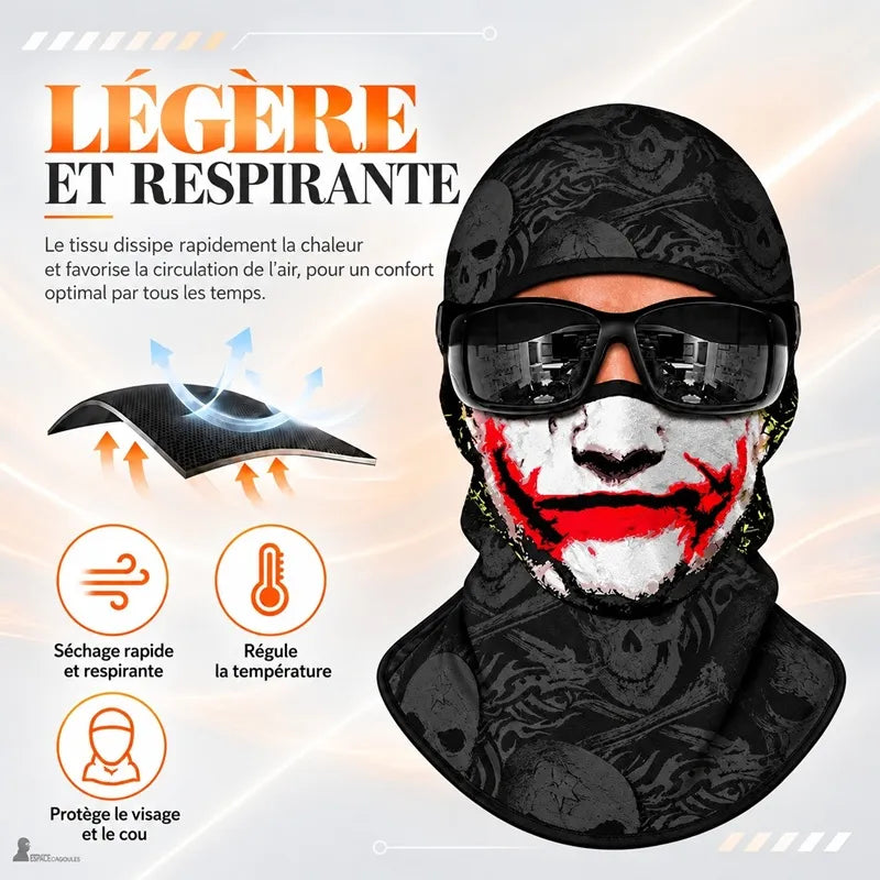 Cagoule moto Joker légère et respirante portée avec lunettes, schéma du tissu qui évacue la chaleur et sèche rapidement - Espace Cagoules