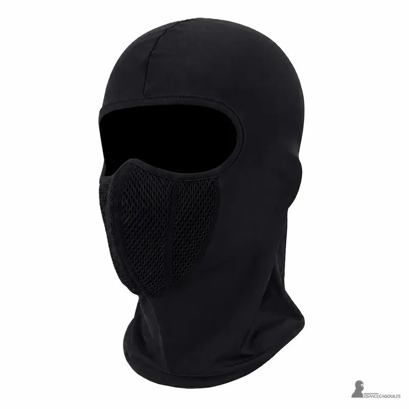 Cagoule moto lycra noire avec maille respirante noire vue de trois quarts - Espace Cagoules