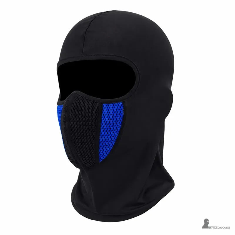 Cagoule moto lycra noire et bleue avec zone mesh bleue sur le cote du visage - Espace Cagoules