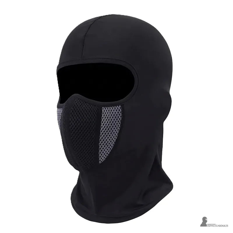 Cagoule moto lycra noire avec zone mesh grise vue de trois quarts - Espace Cagoules