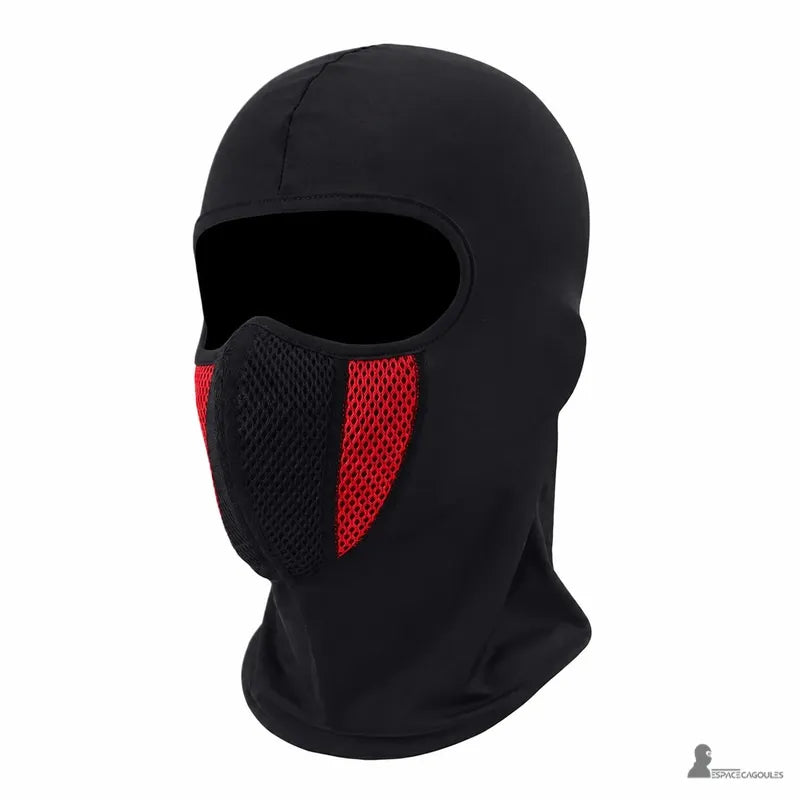 Cagoule moto lycra noire et rouge avec zone mesh rouge sur le cote du visage - Espace Cagoules