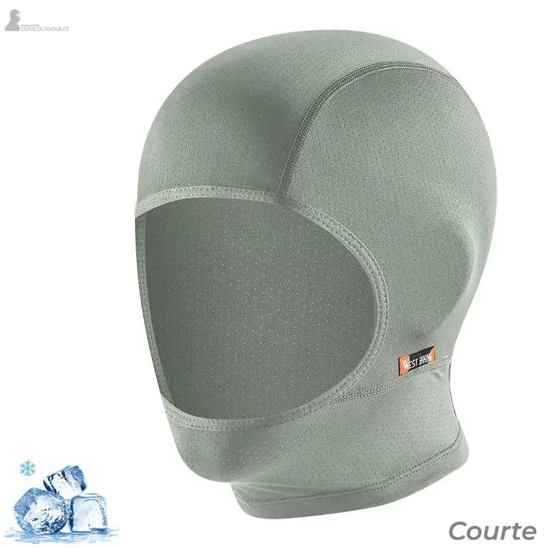 Vue de profil cagoule grise courte tissu perforé respirant avec ouverture large visage - Espace Cagoules