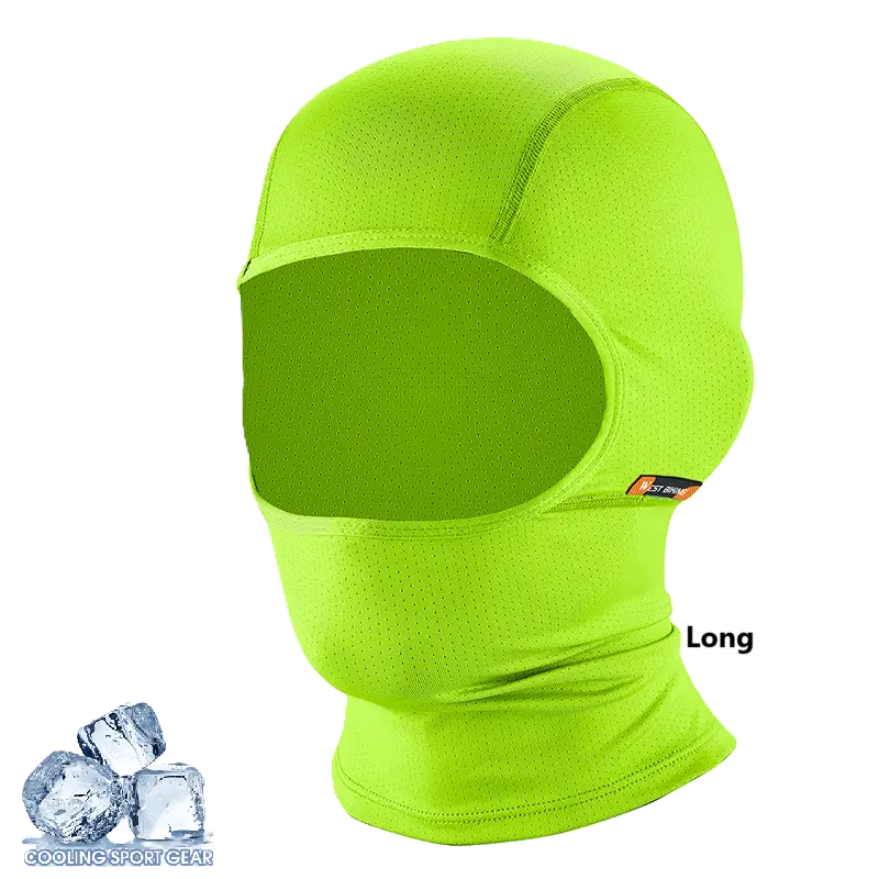 Cagoule moto été minimaliste vert fluo avec des glaçons en arrière-plan, symbolisant son tissu respirant et son effet rafraîchissant pour rouler sous la chaleur estivale.