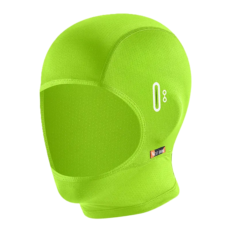 Cagoule moto été minimaliste vert fluo, vue profil avec logo. Conception ajustée et tissu anti-transpiration pour un confort optimal en été sous un casque de moto.
