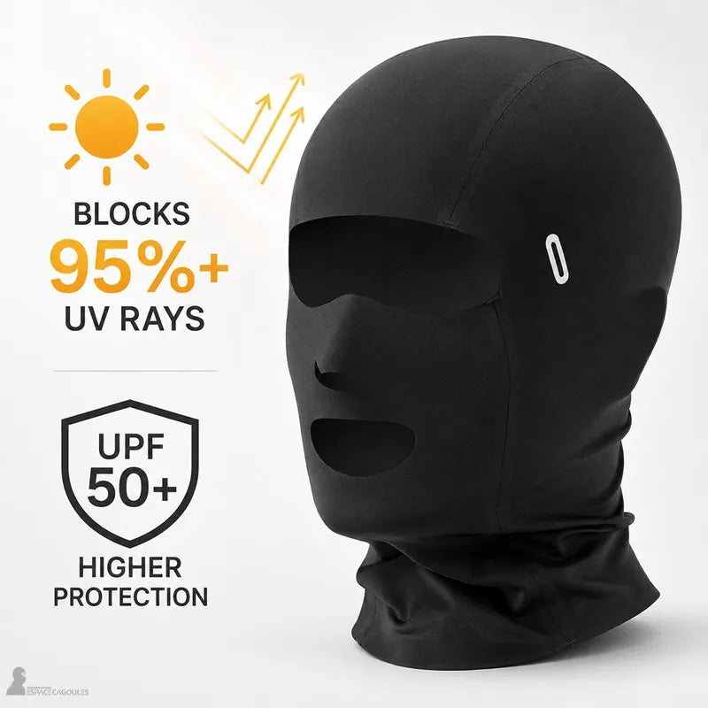 Protection UV UPF50+ sur cagoule noire respirante avec ouvertures visage - Espace Cagoules
