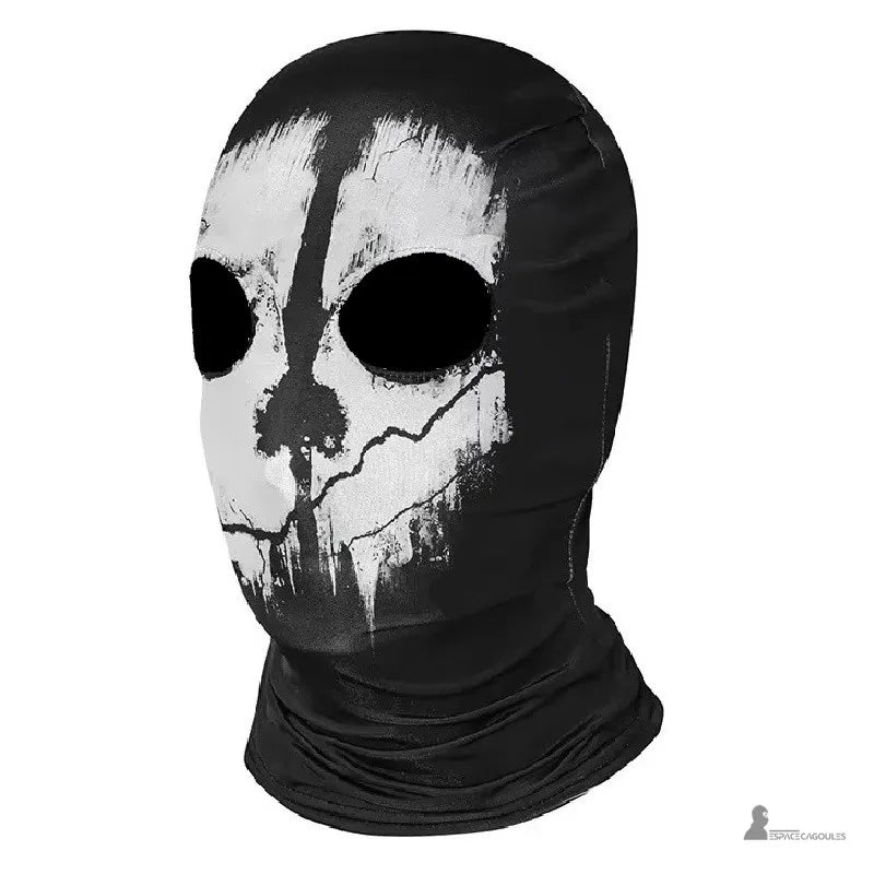 Cagoule moto skull en microfibre noire avec motif crâne fissuré blanc, vue profil trois quarts couvrant tête et cou - Espace Cagoules