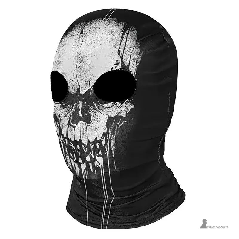 Cagoule moto skull en microfibre noire motif crâne dégoulinant blanc, vue profil couvrant intégralement tête et cou - Espace Cagoules