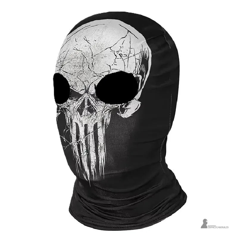 Cagoule moto skull en microfibre noire avec motif crâne réaliste blanc, vue profil intégrale couvrant tête et cou - Espace Cagoules