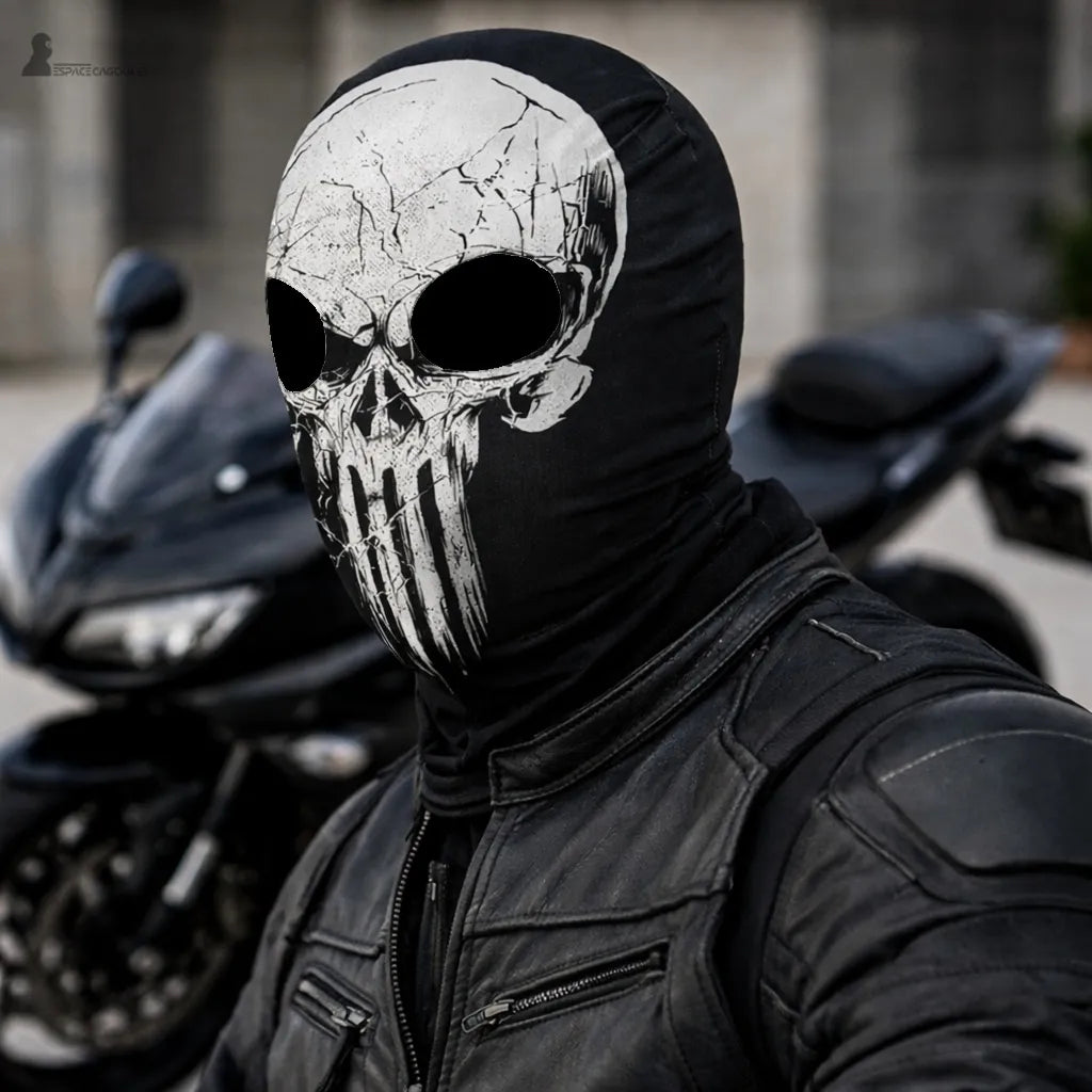 Black microfiber motorcycle balaclava with 2 holes, featuring a white skull pattern, shown in a three-quarter view in an urban environment with a parked motorcycle - Cagoules Space.