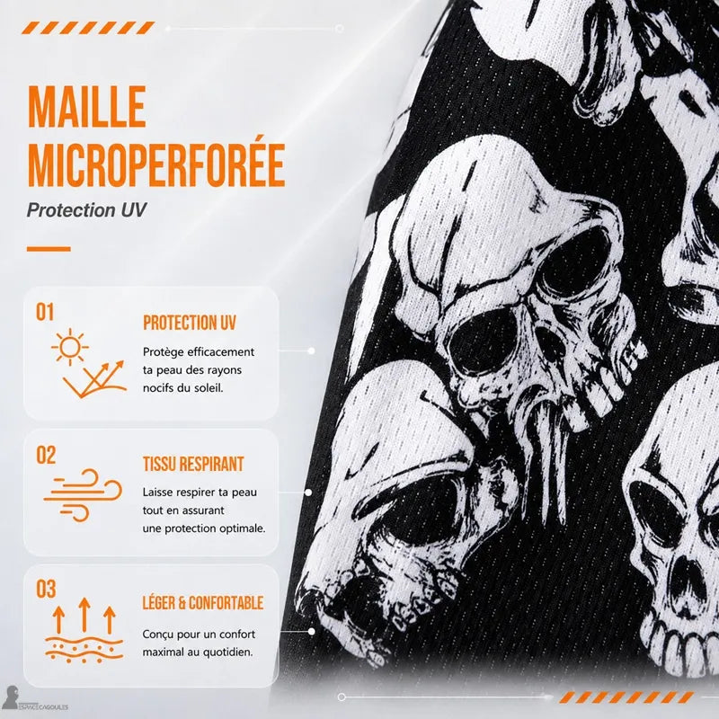 Zoom of the micro-perforated mesh of the skull motorcycle balaclava with skull pattern and UV protection - Cagoules Space