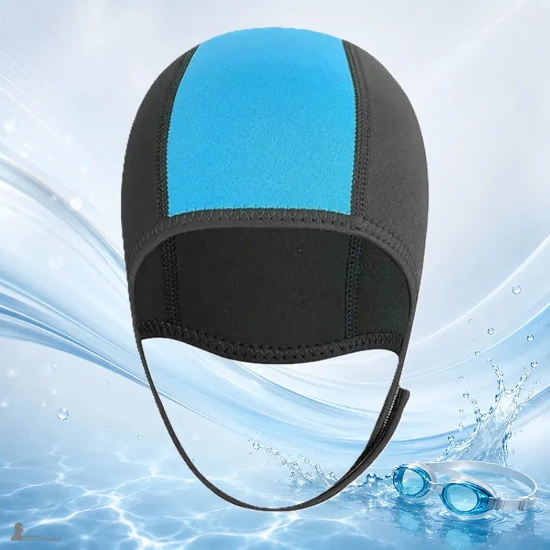 Bonnet de natation néoprène noir à empiècement bleu, jugulaire réglable pour eau froide - Espace Cagoules