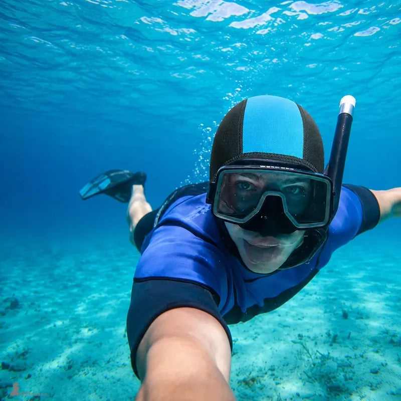 Apnéiste en immersion coiffé du bonnet néoprène bleu pour la nage en eau libre - Espace Cagoules
