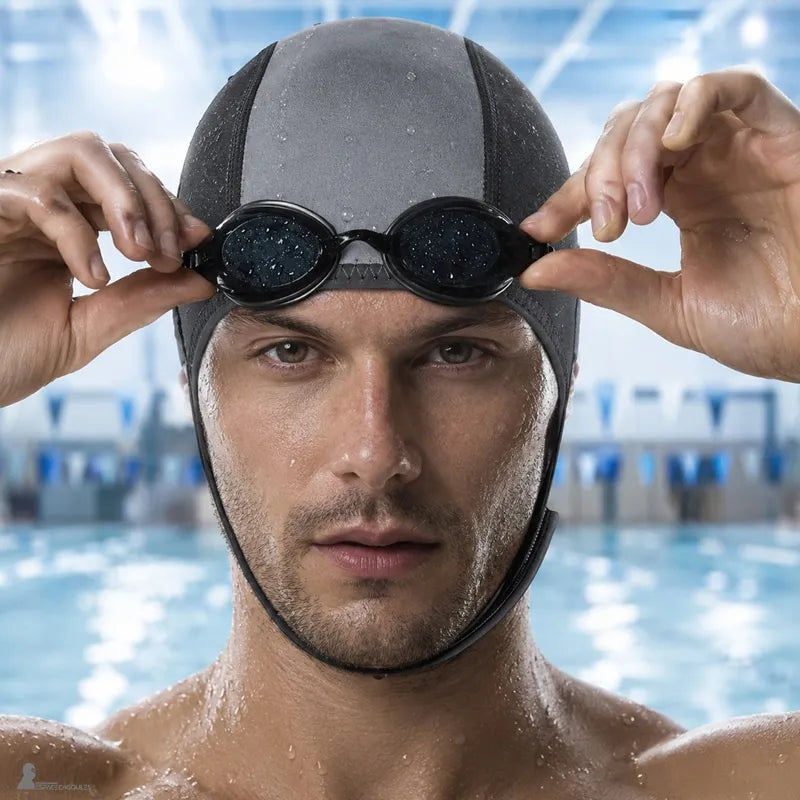 Homme en piscine ajustant ses lunettes, coiffé du bonnet néoprène de natation gris et noir couvrant les oreilles - Espace Cagoules