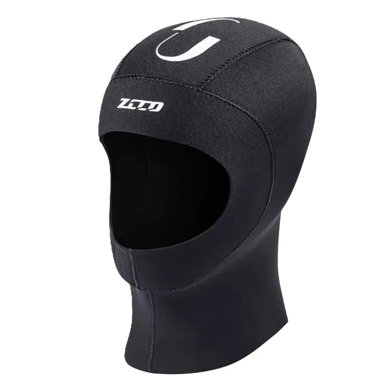 Cagoule néoprène thermique 5 mm noire, vue de profil gauche. Matériau extensible et isolant, parfait pour maintenir la chaleur corporelle et protéger du froid en immersion.